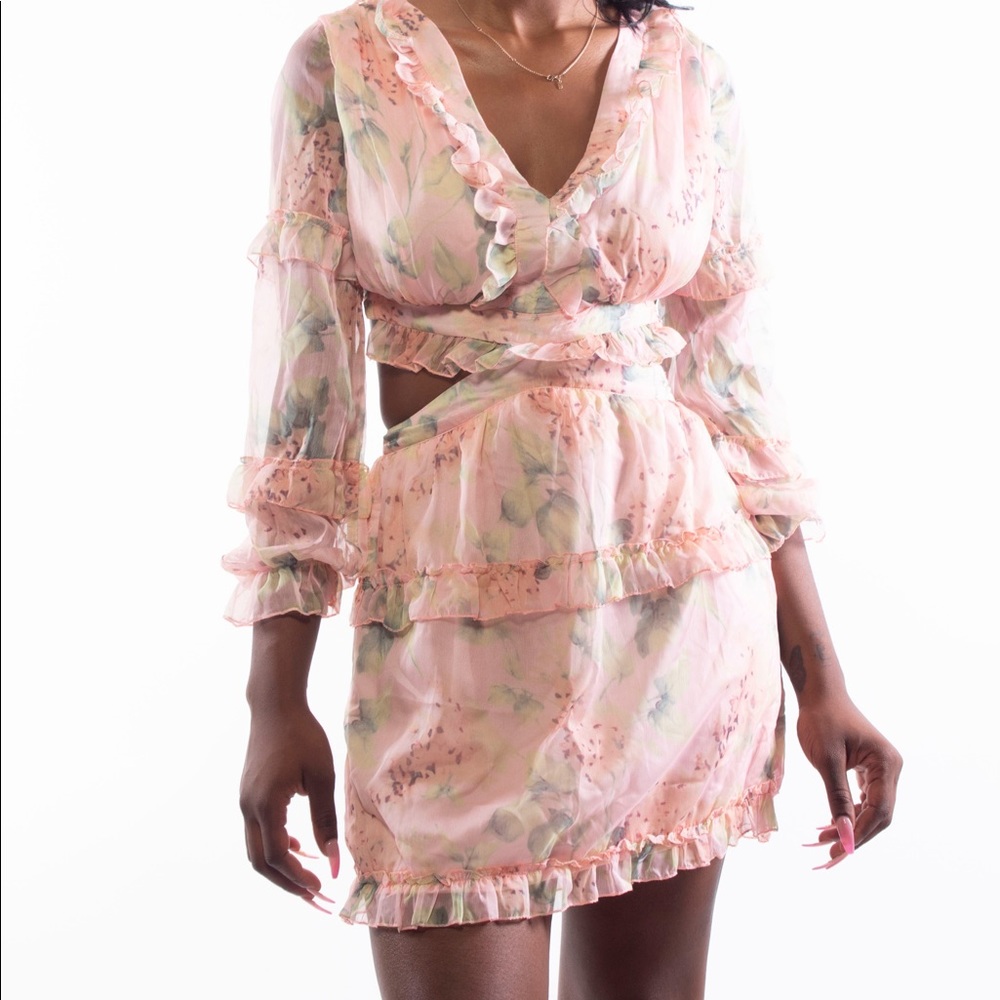 Pink Chiffon Long Sleeve Cutout Dress
